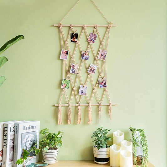 Macrame Style Boho Hanging Photo Display with pegs