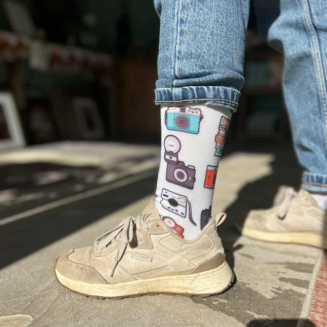 Camera Enthusiast Socks - Vintage Photography Design Crew Socks with Stretchy ComfortSocksBoho Photo